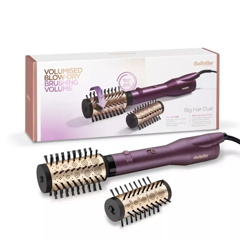 Hot air brush BABYLISS Big Hair Dual AS950E — 650 W, 2 heating levels, 5 cm barrel, 2 brush heads, 2.5 m cord, Violet/Rose Gold/Black