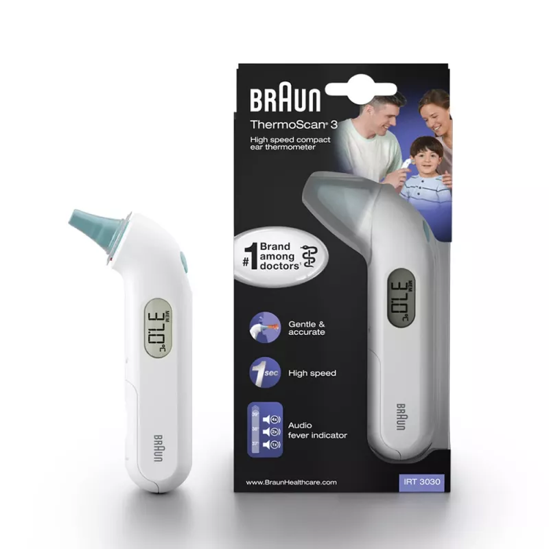 Contact ear thermometer BRAUN ThermoScan 3 IRT3030 — measurement 34–42.2°C, 1 s, LCD, buzzer, white
