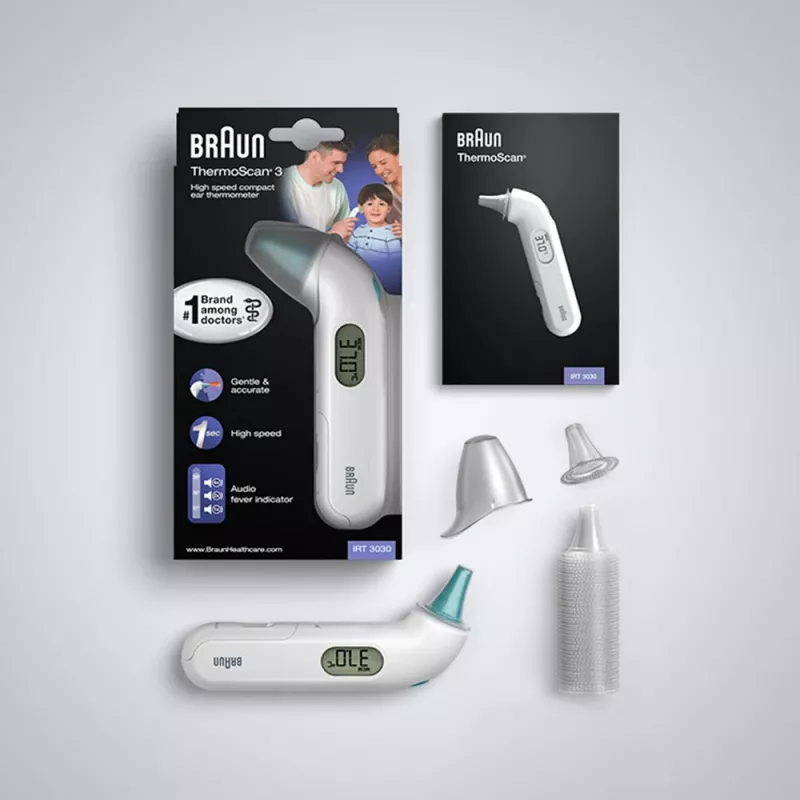 Contact ear thermometer BRAUN ThermoScan 3 IRT3030 — measurement 34–42.2°C, 1 s, LCD, buzzer, white