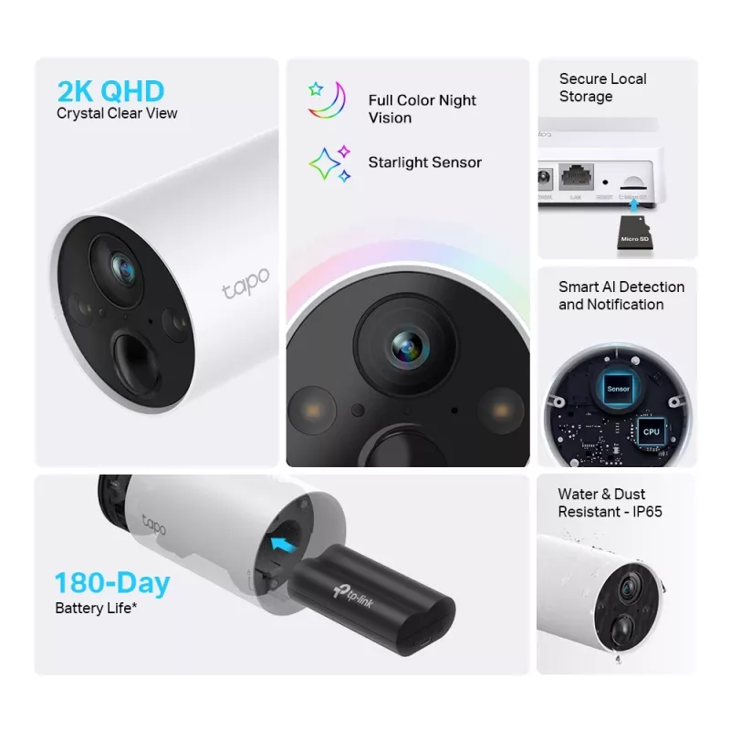 TP-Link Tapo Smart Wire-Free Security Camera, IP security camera, Indoor & outdoor, Wireless, Wall/Pole, White, Turret