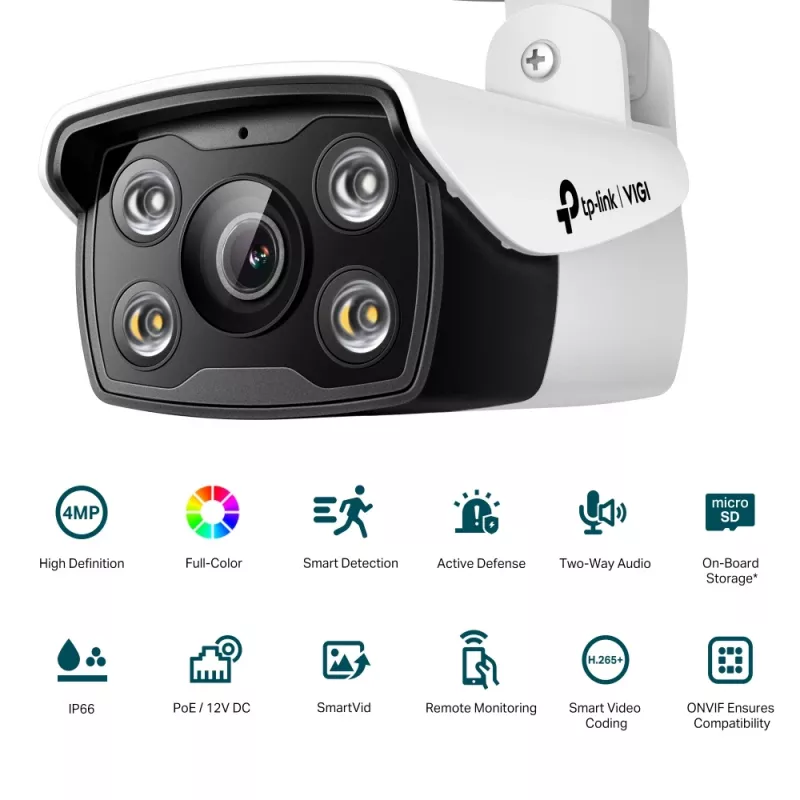 TP-Link VIGI 4MP Outdoor Full-Color Bullet Network Camera, IP security camera, Outdoor, Wired, Ceiling/Wall/Pole, Black, White, Bullet