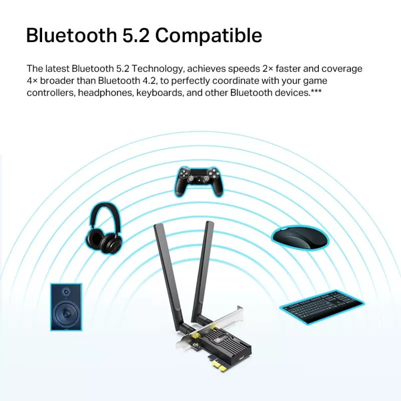 TP-Link AX1800 Wi-Fi 6 Bluetooth 5.2 PCIe Adapter, Internal, Wireless, PCI Express, WLAN / Bluetooth, 1800 Mbit/s, Black