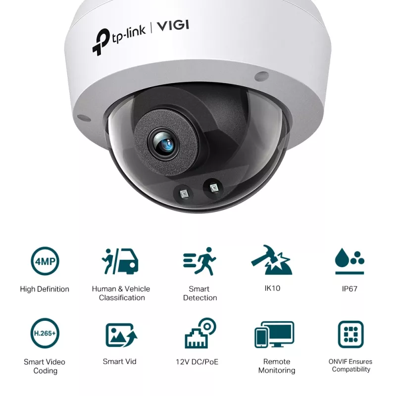 TP-Link VIGI 4MP IR Dome Network Camera, IP security camera, Indoor & outdoor, Wired, CE, BSMI, VCCI, ONVIF, Ceiling/wall, Black, White