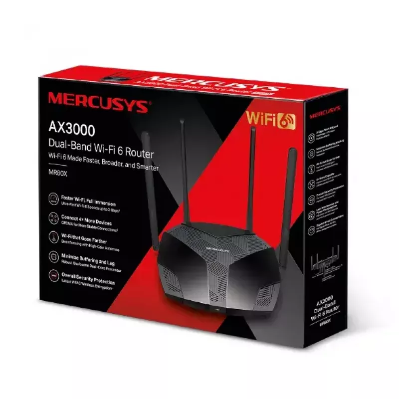 Tabletop router MERCUSYS MR80X — Dual-band Wi‑Fi 6 (802.11ax), 3000 Mbps, 4 external antennas, 3 Gigabit LAN ports