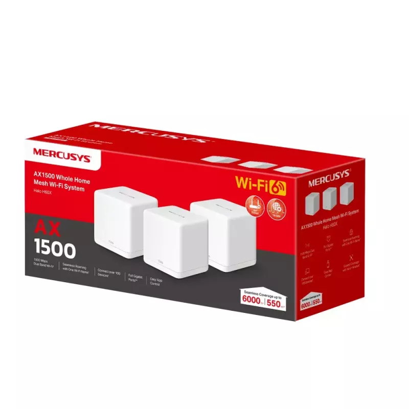 Mesh system MERCUSYS Halo H60X (3-pack) — Dual-band Wi‑Fi 6, up to 1500 Mbps, coverage 550 m², 2× LAN ports