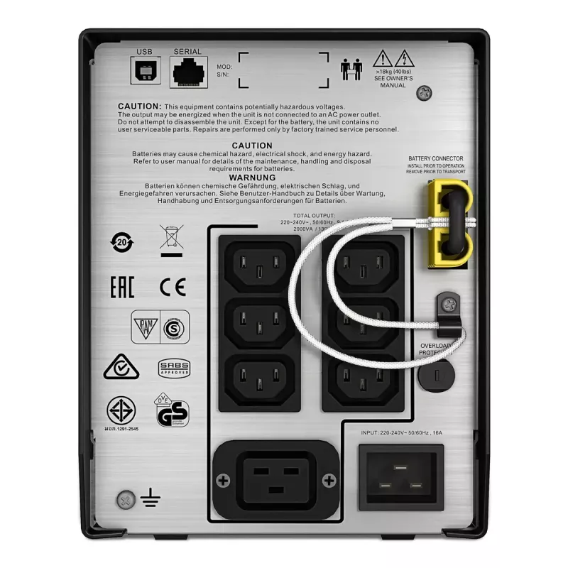 APC Smart-UPS C, Line Interactive, 2000VA, Tower, 230V, 6x IEC C13+1x IEC C19 outlets, USB and Serial communication, AVR, Graphic LCD
