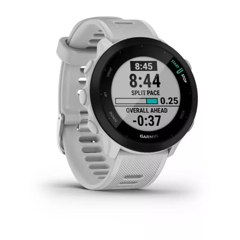 Smartwatch GARMIN Forerunner 55 — 42 mm round sport watch, GPS/GLONASS/Galileo, 14-day battery, 5 ATM, silicone white strap