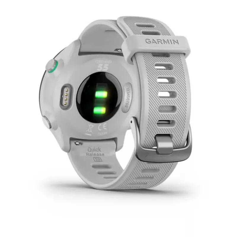 Smartwatch GARMIN Forerunner 55 — 42 mm round sport watch, GPS/GLONASS/Galileo, 14-day battery, 5 ATM, silicone white strap