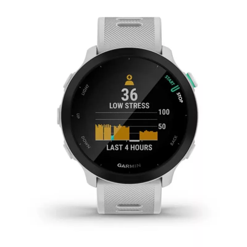 Smartwatch GARMIN Forerunner 55 — 42 mm round sport watch, GPS/GLONASS/Galileo, 14-day battery, 5 ATM, silicone white strap
