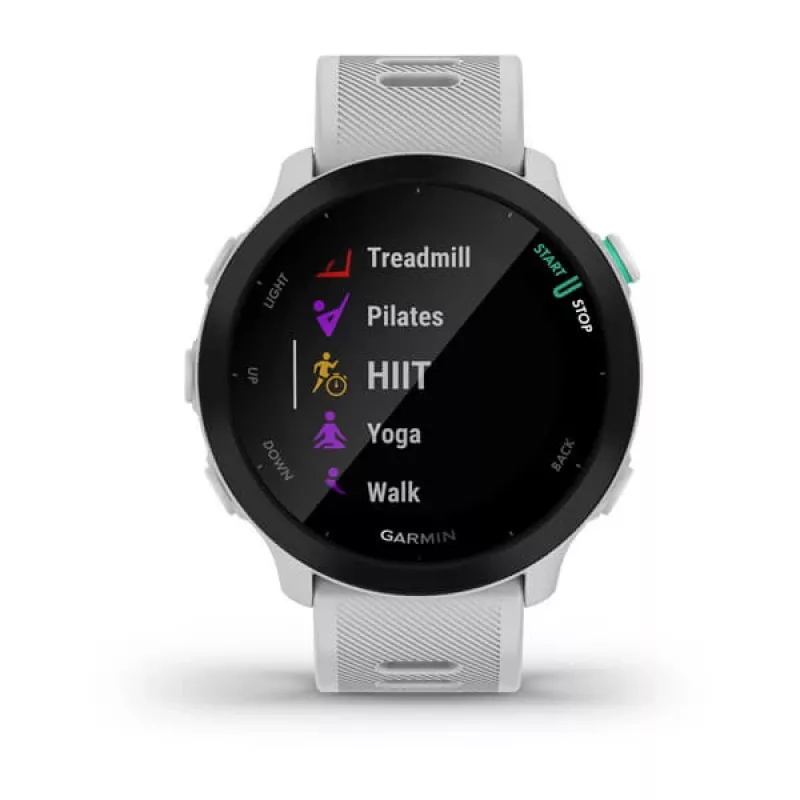 Smartwatch GARMIN Forerunner 55 — 42 mm round sport watch, GPS/GLONASS/Galileo, 14-day battery, 5 ATM, silicone white strap