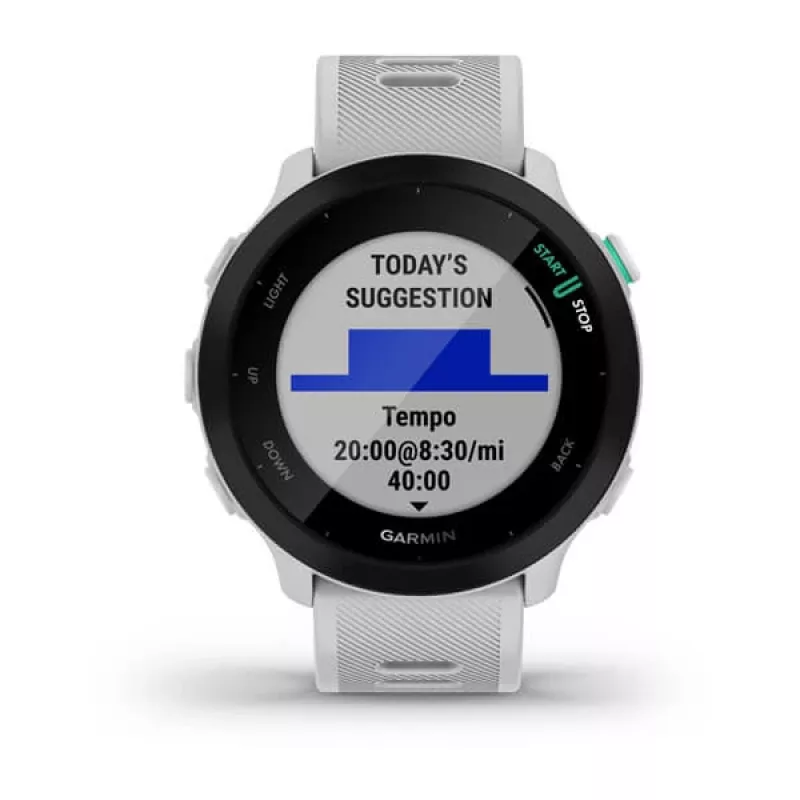 Smartwatch GARMIN Forerunner 55 — 42 mm round sport watch, GPS/GLONASS/Galileo, 14-day battery, 5 ATM, silicone white strap