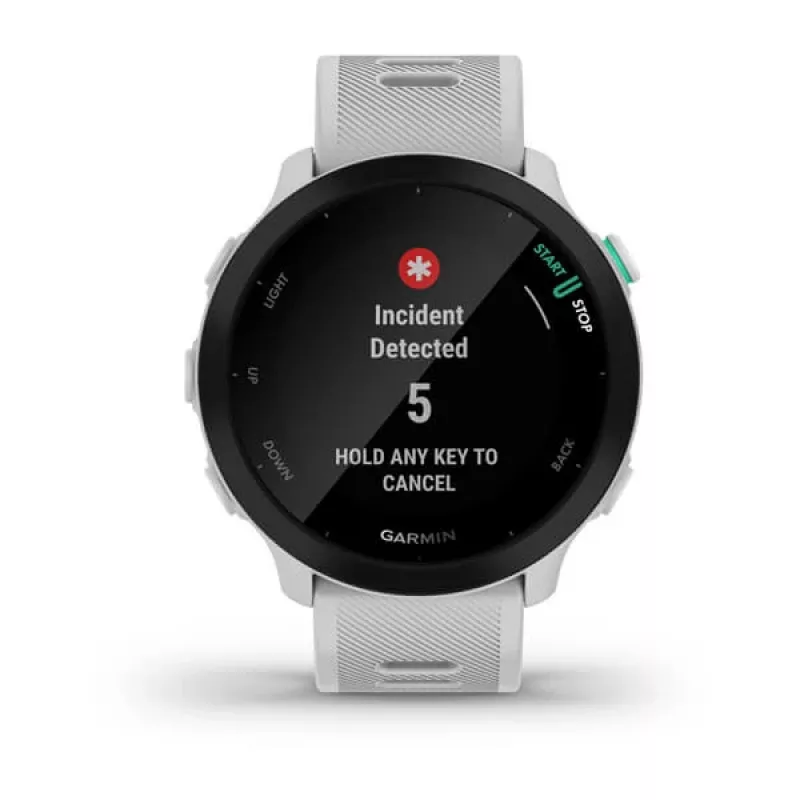 Smartwatch GARMIN Forerunner 55 — 42 mm round sport watch, GPS/GLONASS/Galileo, 14-day battery, 5 ATM, silicone white strap