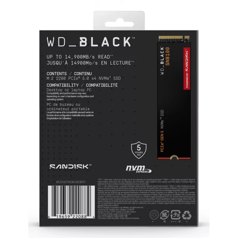 SSD disk Western Digital 1 TB M.2 PCI Express 5.0 Black SN8100