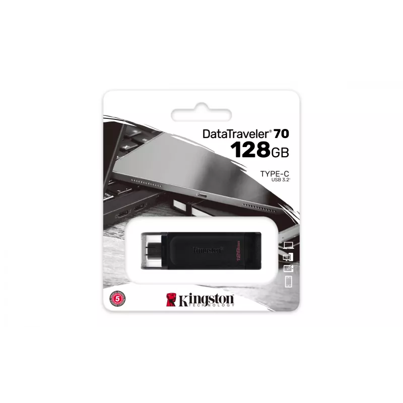Kingston Technology DataTraveler 128GB USB-C 3.2 Gen 1 70, 128 GB, USB Type-C, 3.2 Gen 1 (3.1 Gen 1), Cap, 7 g, Black