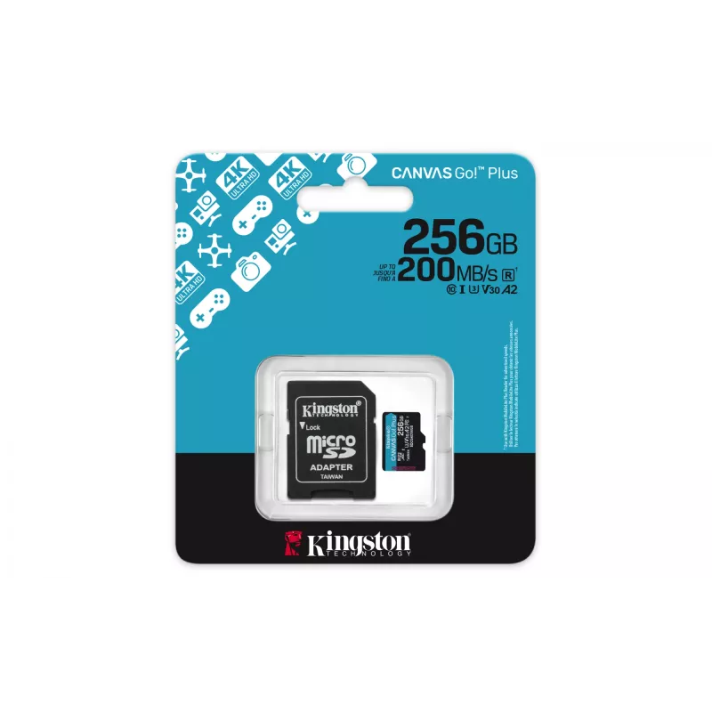 Kingston Technology 256GB microSDXC Canvas Go Plus Gen4 200MB/s A2 U3 V30 Card + Adapter