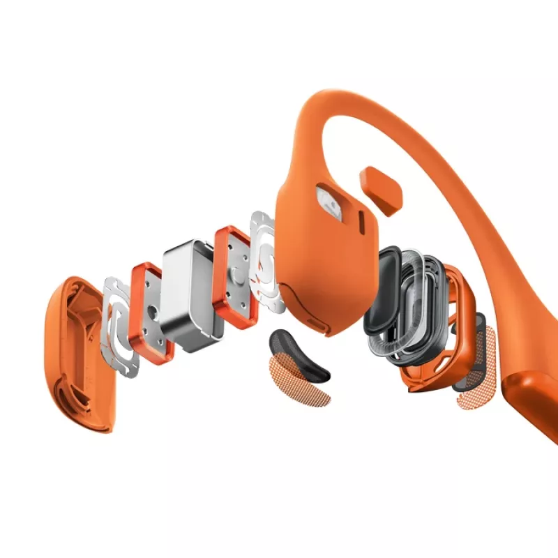 Bone conduction headset Shokz OpenRun Pro 2 — binaural, wireless Bluetooth 5.3, IP55, 12 h playtime, 150 mAh, orange, ear-hook