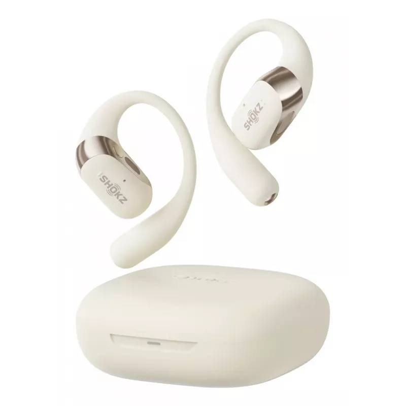 Open-ear wireless headset Shokz OpenFit 2 — Bluetooth 5.4, IP55, bone conduction, 11h playback (48h with case), USB‑C, beige