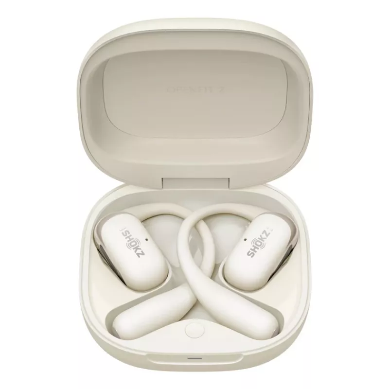 Open-ear wireless headset Shokz OpenFit 2 — Bluetooth 5.4, IP55, bone conduction, 11h playback (48h with case), USB‑C, beige