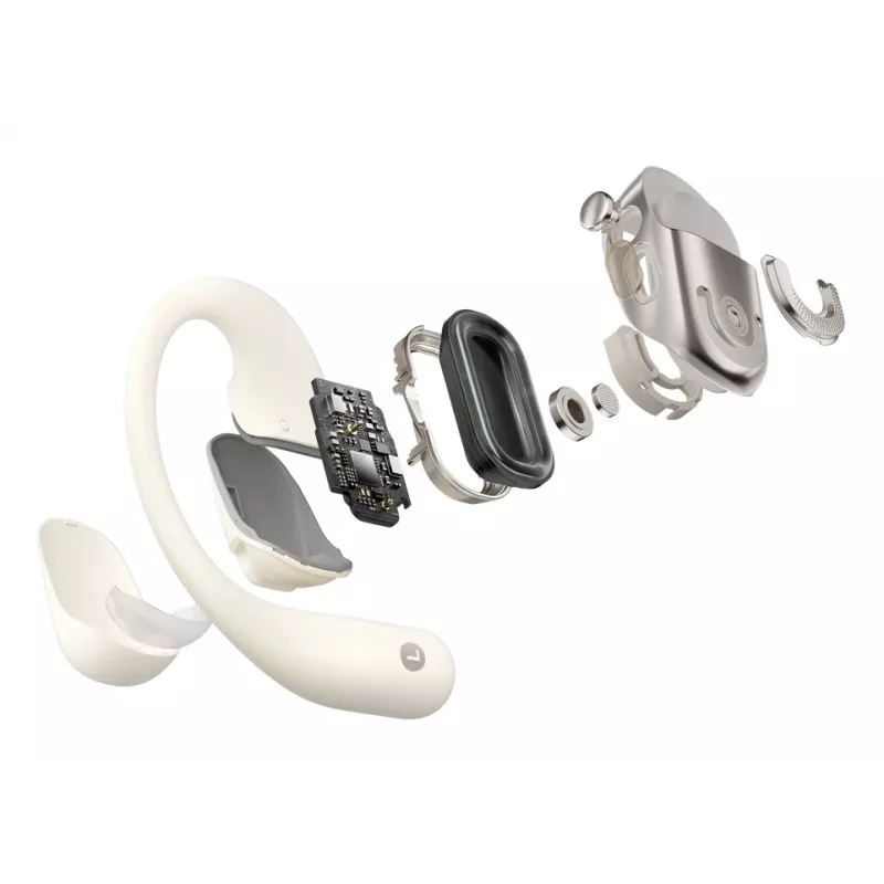 Open-ear wireless headset Shokz OpenFit 2 — Bluetooth 5.4, IP55, bone conduction, 11h playback (48h with case), USB‑C, beige