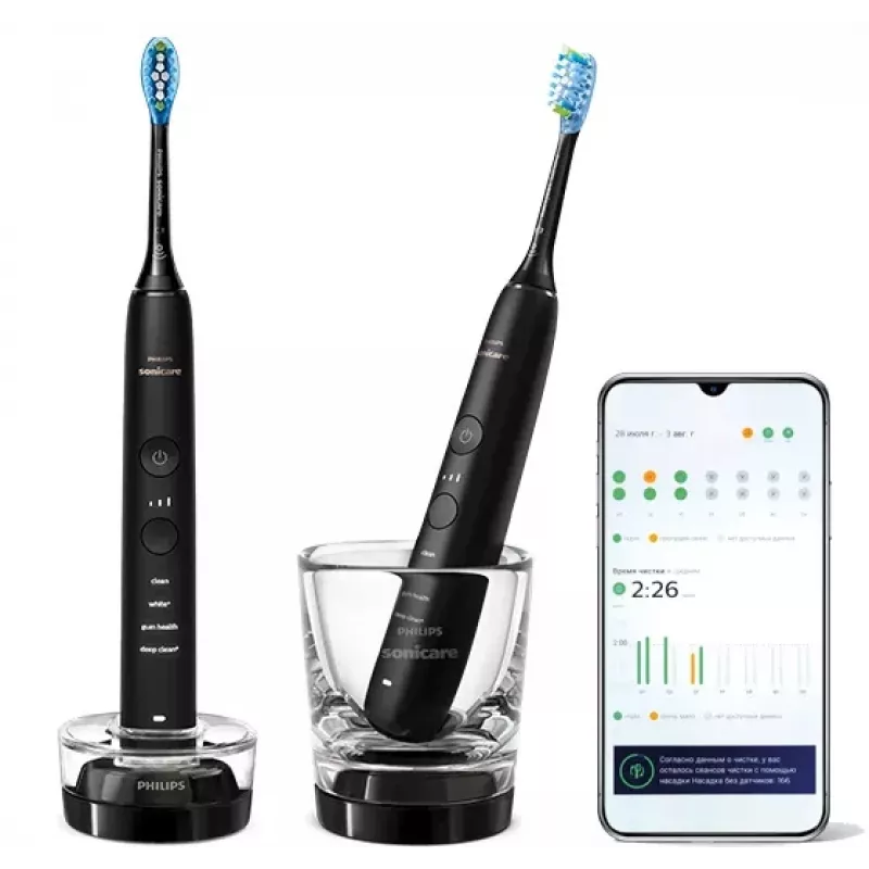 Sonic electric toothbrush Philips DiamondClean 9000 HX9914/54, 2 handles, 5 modes, black, Bluetooth, 1 charger