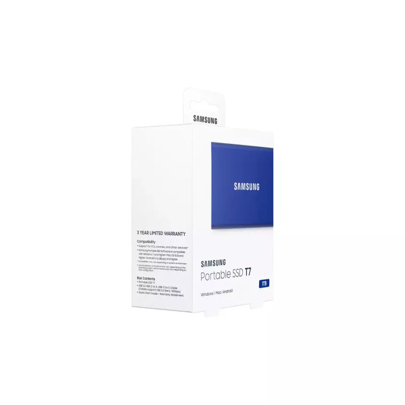 External SSD Samsung T7 Portable 1 TB, USB-C 3.2 Gen 2, NVMe, AES-256 Hardware Encryption, Blue