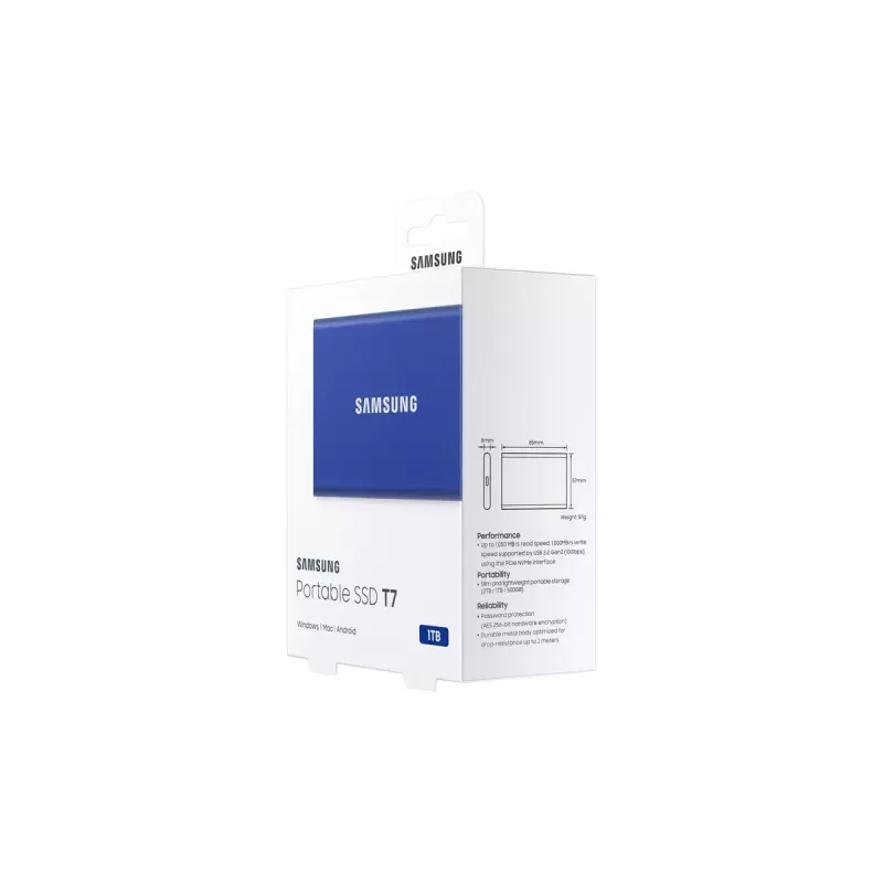 External SSD Samsung T7 Portable 1 TB, USB-C 3.2 Gen 2, NVMe, AES-256 Hardware Encryption, Blue