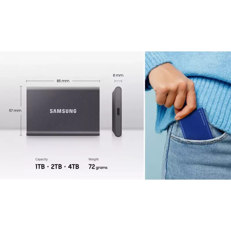 External SSD Samsung T7 Portable 1 TB, USB-C 3.2 Gen 2, NVMe, AES-256 Hardware Encryption, Blue