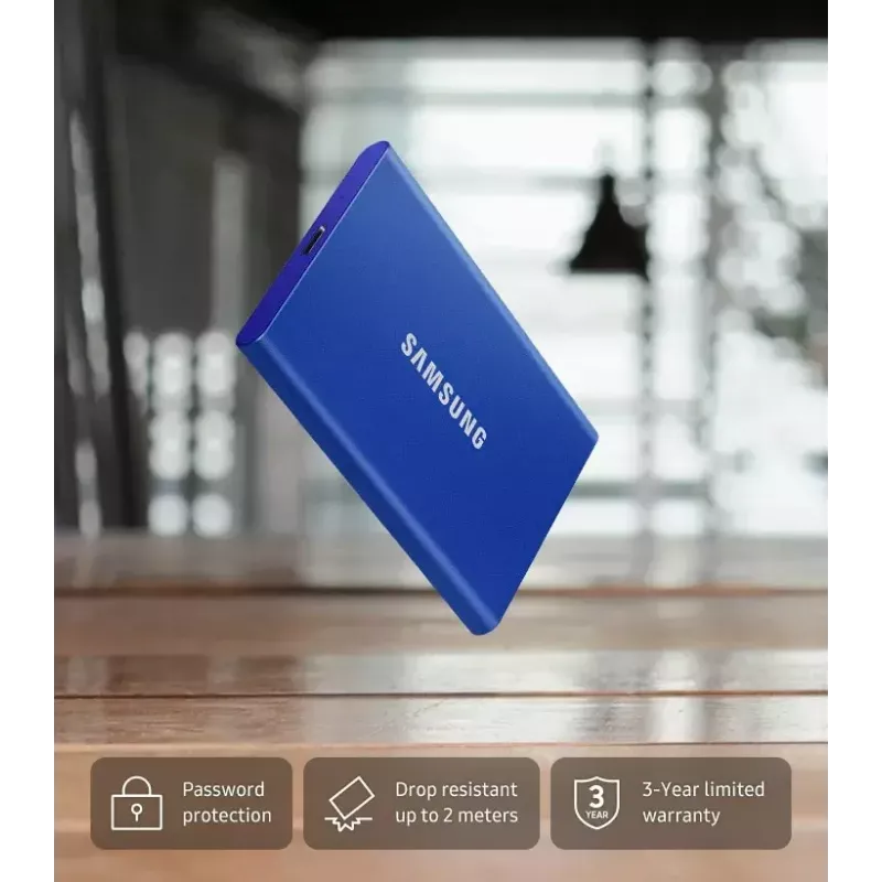 External SSD Samsung T7 Portable 1 TB, USB-C 3.2 Gen 2, NVMe, AES-256 Hardware Encryption, Blue