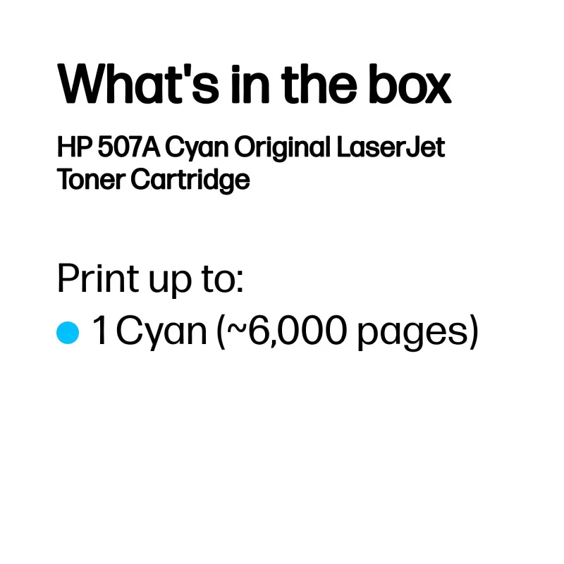 HP 507A Cyan Original LaserJet Toner Cartridge, 6000 pages, Cyan, 1 pc(s)