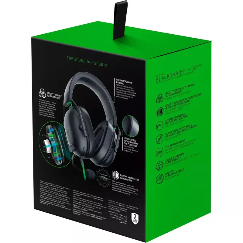 Wired gaming headset Razer BlackShark V2 X — binaural, 3.5 mm, 32 Ω, 100 dB, noise-canceling boom mic, 1.3 m cable, green/black