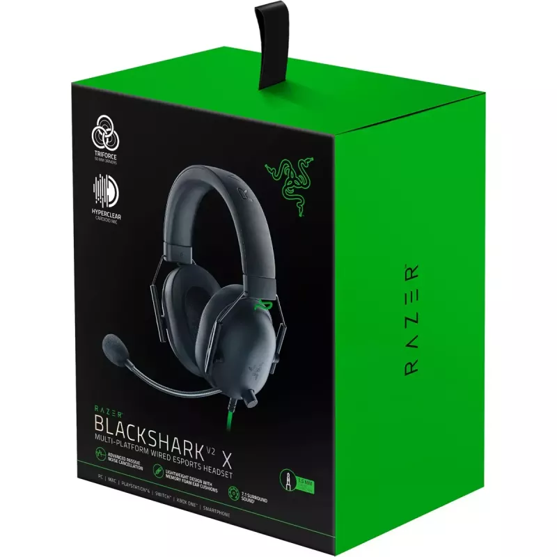 Wired gaming headset Razer BlackShark V2 X — binaural, 3.5 mm, 32 Ω, 100 dB, noise-canceling boom mic, 1.3 m cable, green/black