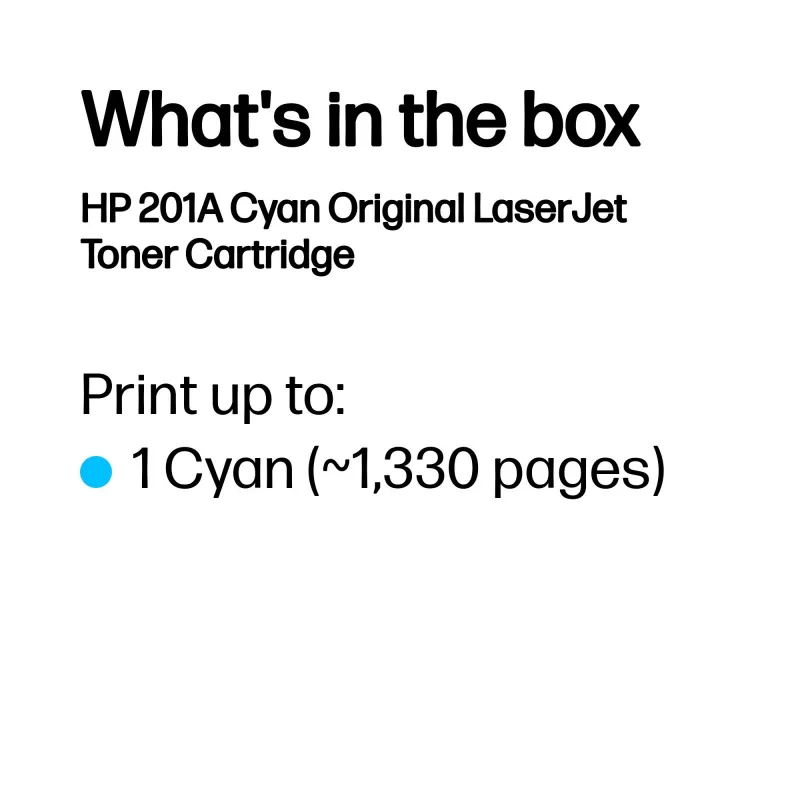 HP 201A Cyan Original LaserJet Toner Cartridge. Colour toner page yield: 1330 pages, Printing colours: Cyan, Quantity per pack: 1 pc(s)