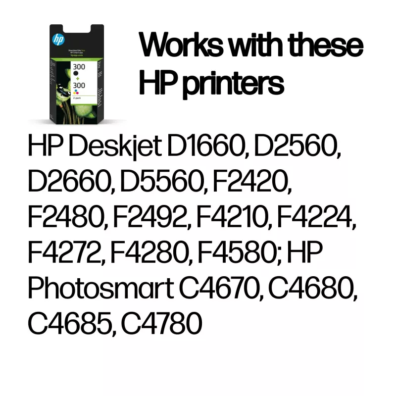 HP 300 2-pack Black/Tri-color Original Ink Cartridges, Black, Cyan, Magenta, Yellow, Pigment-based ink, Dye-based ink, 2 pc(s), 200 pages, 165 pages