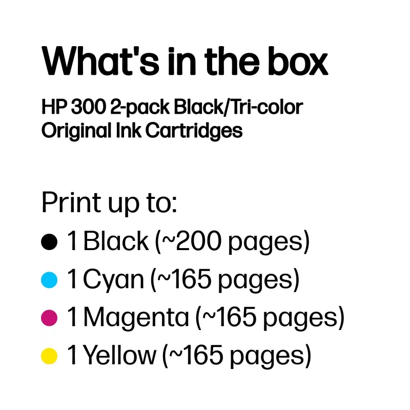 HP 300 2-pack Black/Tri-color Original Ink Cartridges, Black, Cyan, Magenta, Yellow, Pigment-based ink, Dye-based ink, 2 pc(s), 200 pages, 165 pages