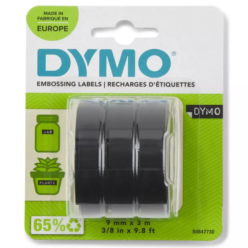 DYMO Authentic Embossing Label Tape | 9 mm x 3 m rolls | White Print on Black | Self-Adhesive | for Embossing Label Makers | 3 Count