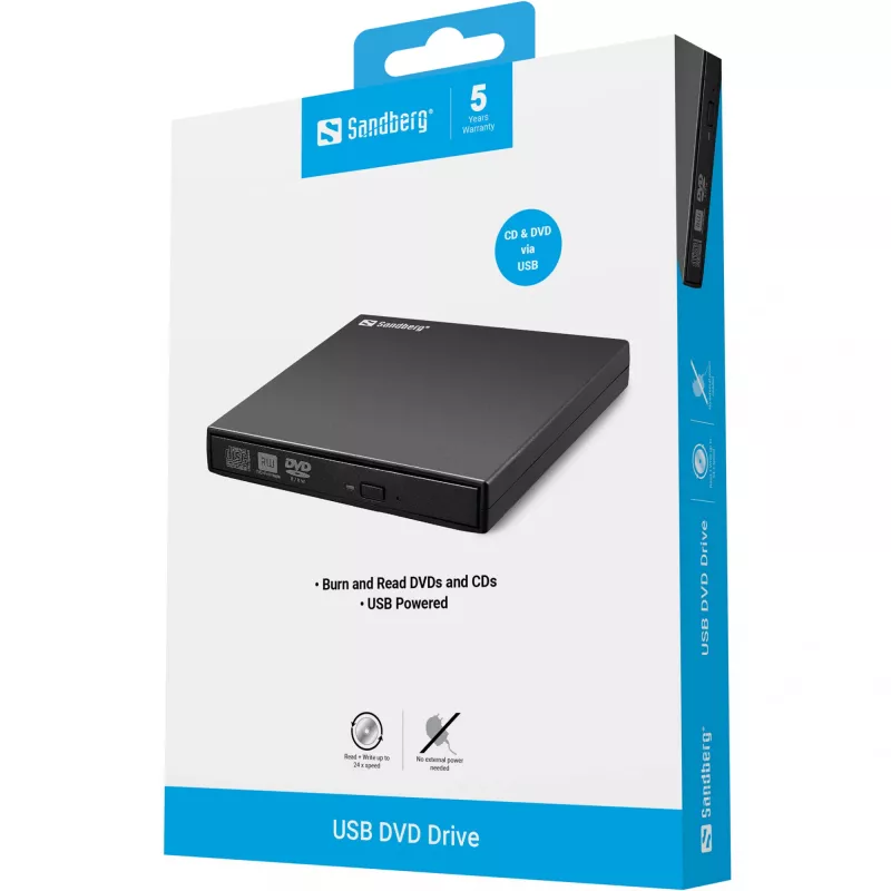 Sandberg USB DVD Drive, Black, Desktop/Laptop, DVD Super Multi, USB 2.0, CD-R, CD-ROM, CD-RW, DVD-R, DVD-ROM, DVD-RW, 24x