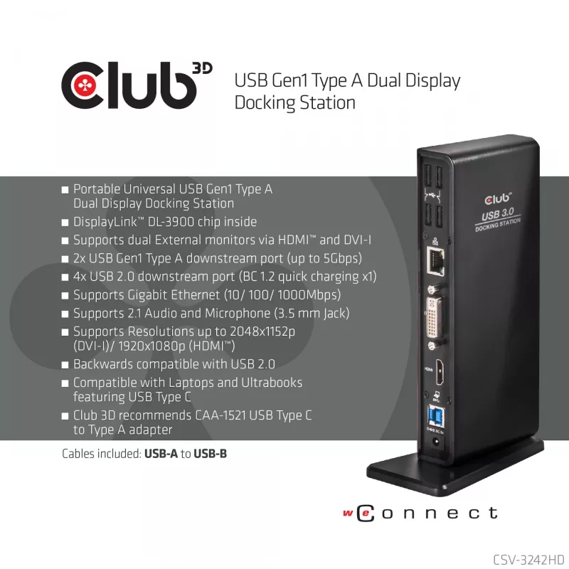 CLUB3D USB Gen1 Type A Dual Display ( HDMI and DVI) DisplayLink™ Docking Station