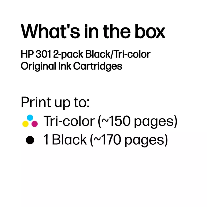 HP 301 2-pack Black/Tri-color Original Ink Cartridges, Black, Cyan, Magenta, Yellow, Pigment-based ink, 2 pc(s), 170 pages