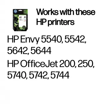 HP 62 2-pack Black/Tri-color Original Ink Cartridges, Black, Cyan, Magenta, Yellow, Pigment-based ink, 2 pc(s), 200 pages
