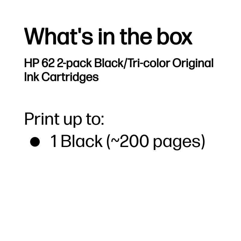 HP 62 2-pack Black/Tri-color Original Ink Cartridges, Black, Cyan, Magenta, Yellow, Pigment-based ink, 2 pc(s), 200 pages