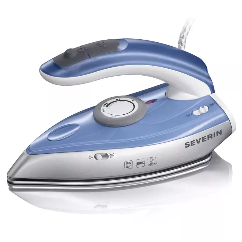 Dry & Steam iron SEVERIN BA 3234, 1000 W, stainless steel soleplate, 0.05 L water tank, dual voltage, vertical steam, blue/silver