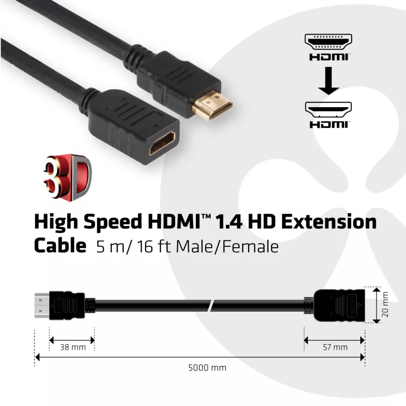 CLUB3D High Speed HDMI™ 1.4 HD Extension Cable 5m/16ft Male/Female
