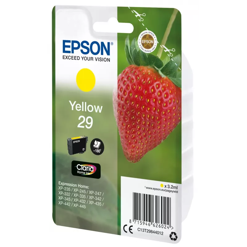 Epson Strawberry Singlepack Yellow 29 Claria Home Ink, Standard Yield, Yellow, Pigment-based ink, 3.2 ml, 1 pc(s), 180 pages