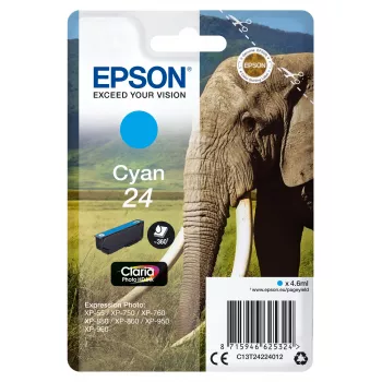 Epson Elephant Singlepack Cyan 24 Claria Photo HD Ink, Standard Yield, Cyan, Dye-based ink, 4.6 ml, 1 pc(s), 360 pages