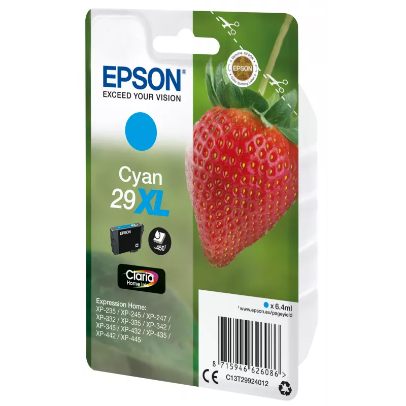 Epson Strawberry Singlepack Cyan 29XL Claria Home Ink, High (XL) Yield, Cyan, 6.4 ml, 1 pc(s), 450 pages