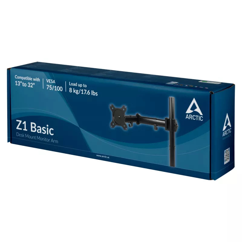 ARCTIC Z1 Basic - Desk Mount Monitor Arm, Clamp, 8 kg, 33 cm (13 inch), 81.3 cm (32 inch), 100 x 100 mm, Black