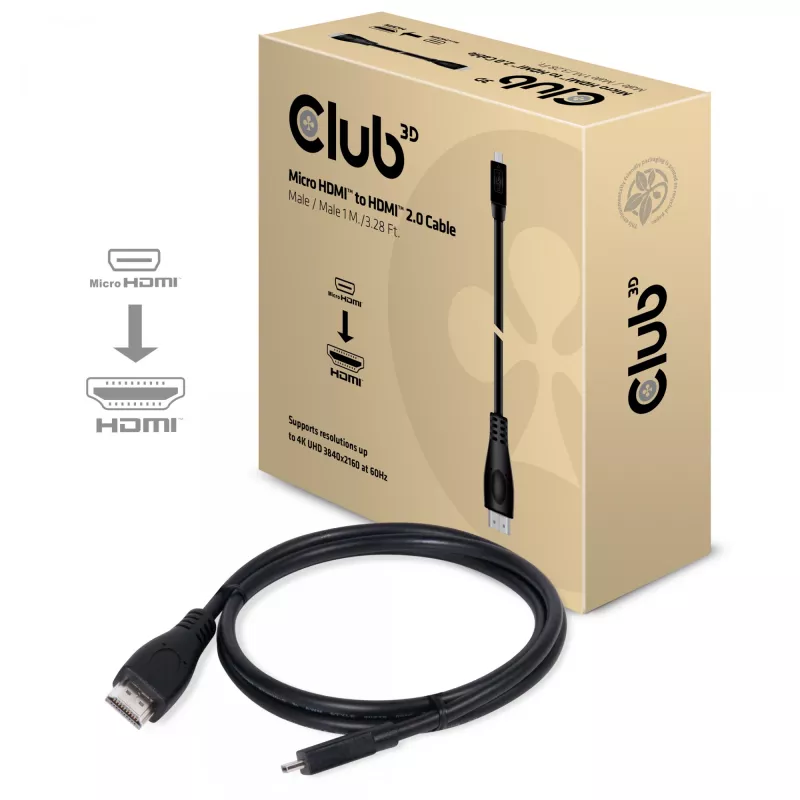 CLUB3D Micro HDMI™ to HDMI™ 2.0 4K60Hz Cable 1M / 3.28Ft