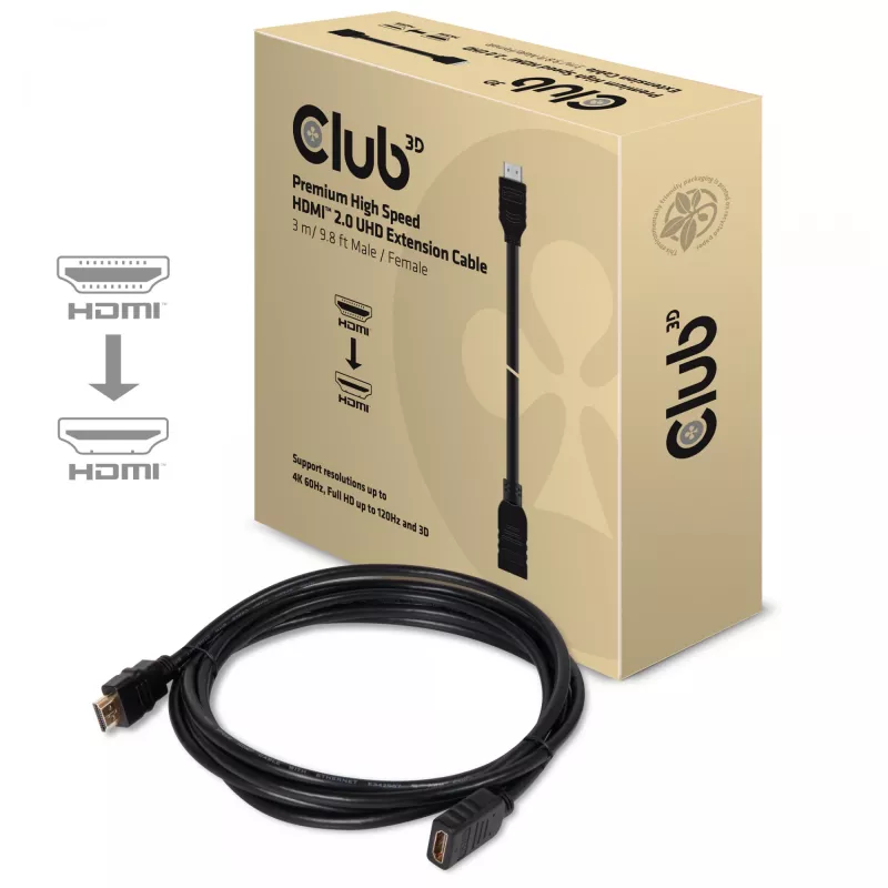 Club 3D CAC-1321 High Speed HDMI 2.0 Extension Cable, 4K60Hz, M/F, 3 m, Black