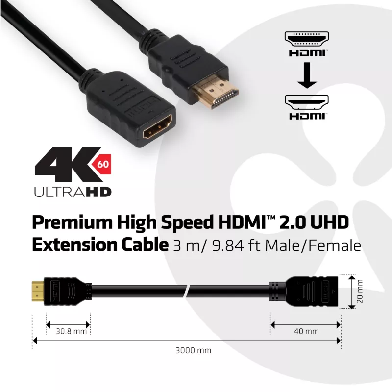 Club 3D CAC-1321 High Speed HDMI 2.0 Extension Cable, 4K60Hz, M/F, 3 m, Black