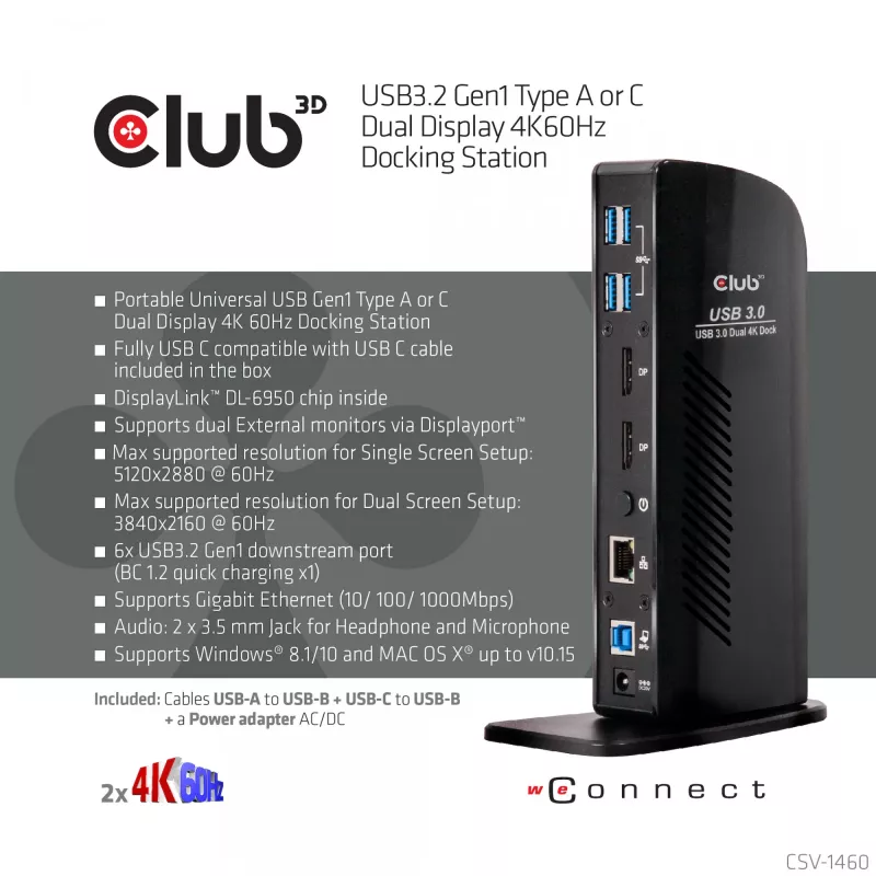 CLUB3D USB3.2 Gen1 Type A or C Dual Display 4K60Hz Docking Station DisplayLink® Certified